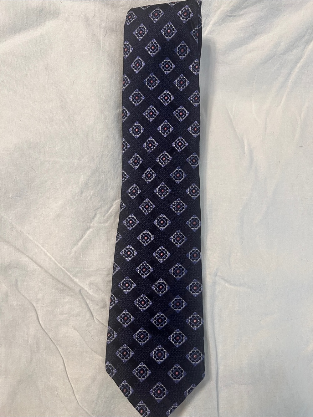 John W. Nordstrom Navy Medallion Silk Tie with Light Blue and Red Accents